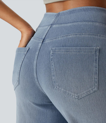 Flex™ Jeans décontracté en maille stretch délavée avec taille haute, plusieurs poches et jambes larges