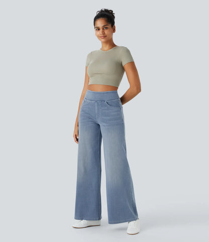 Flex™ Jeans décontracté en maille stretch délavée avec taille haute, plusieurs poches et jambes larges